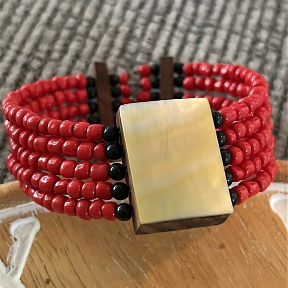 Red Bead and MOP wrap Bracelet chunky wide mother of pearl on wood bracelet - Picture 1 of 11